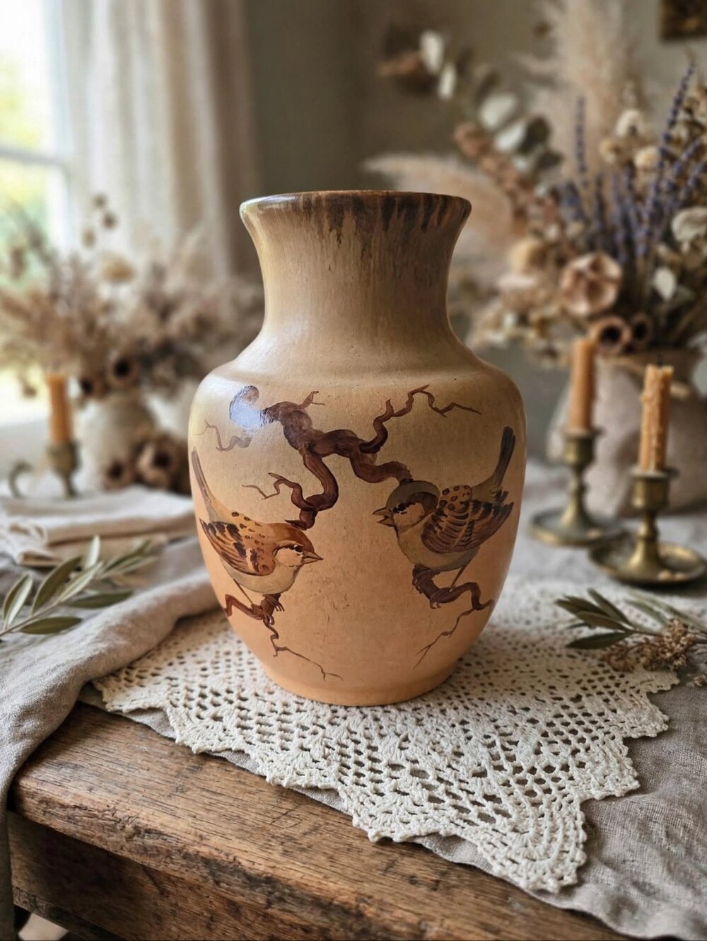 Vintage Italian Arnaldo Miniati Hand-Painted Sparrow Vase